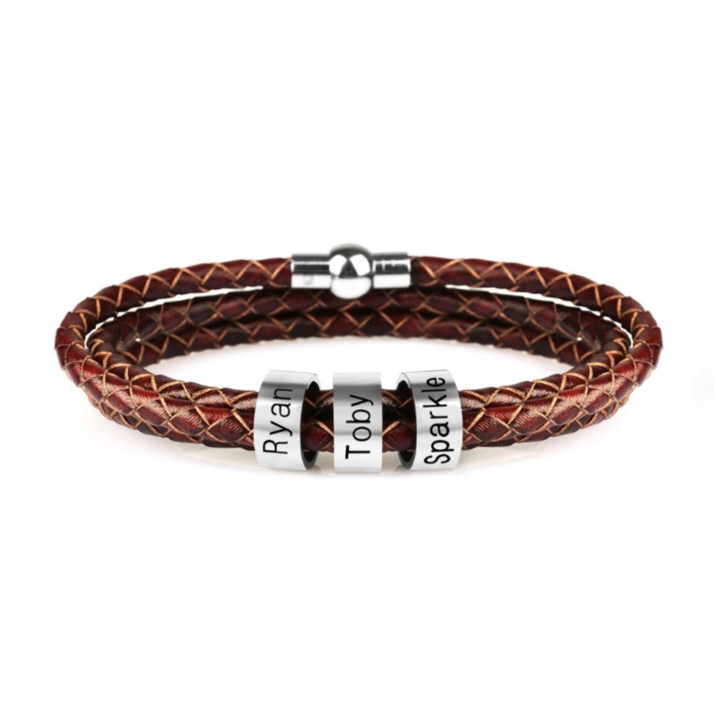Lederarmband mit gravierten Beads jouelei Braun 17 cm 